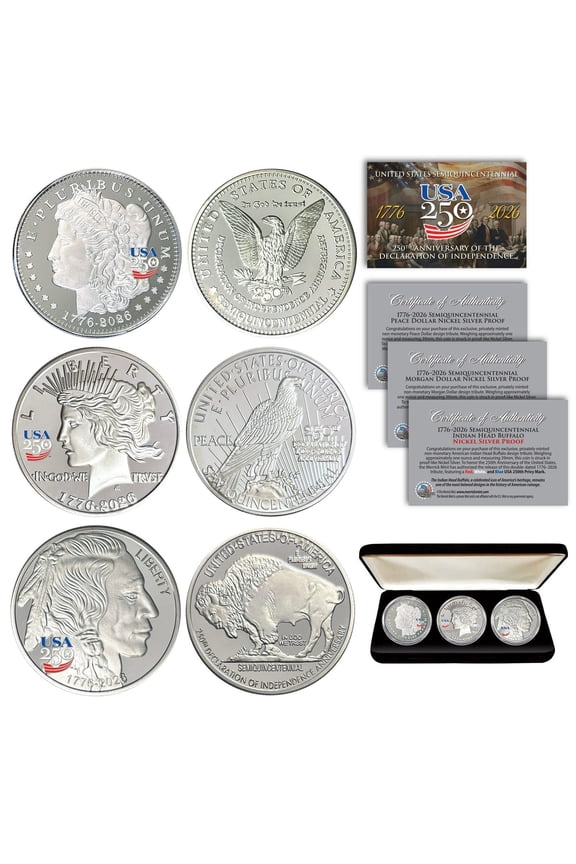 USA 250 America's Anniversary MORGAN PEACE BUFFALO Nickel-Silver Proofs 1oz Tribute 3-Coin Set, BOX