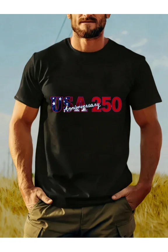 USA 250 Anniversary Patriotic Men's T-Shirt Retro American Pride Semiquincentennial 1776-2026 Graphic Tee Black