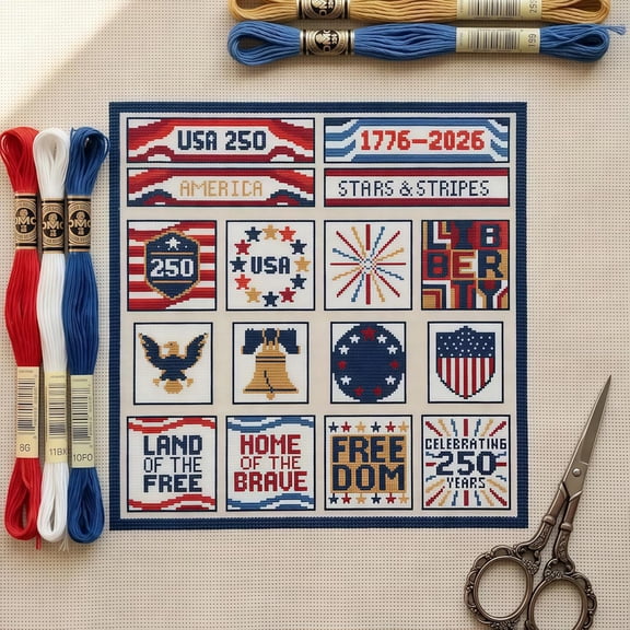 USA 250 Cross Stitch DIY Kit, Hand Needlepoint Printed Pattern Embroidery Patriotic Ornament for Veterans Military Fans Collectors, Beginners Set with Instruction Needles