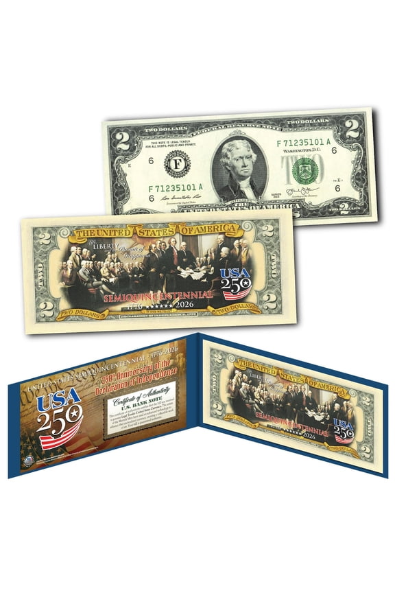USA 250 Declaration of Independence Original Painting Colors America's 250th Anniversary Genuine U.S. $2 Dollar Bill