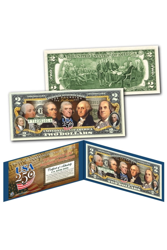 USA 250 - Founding Fathers of the United States America's 250th Anniversary Genuine $2.00 Bill