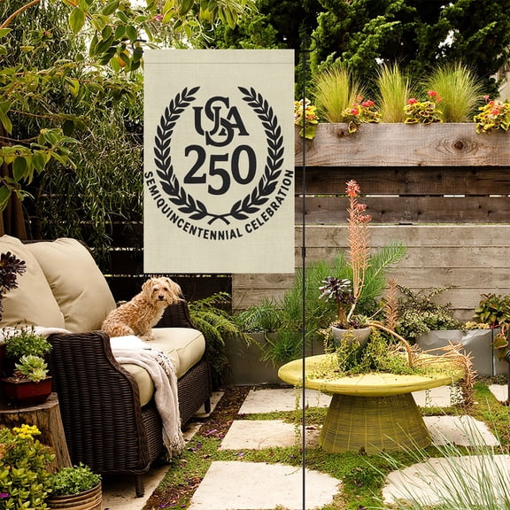 USA 250 Semiquincentennial Celebration Garden Flag - Beige Laurel Wreath Patriotic Burlap Yard Flag