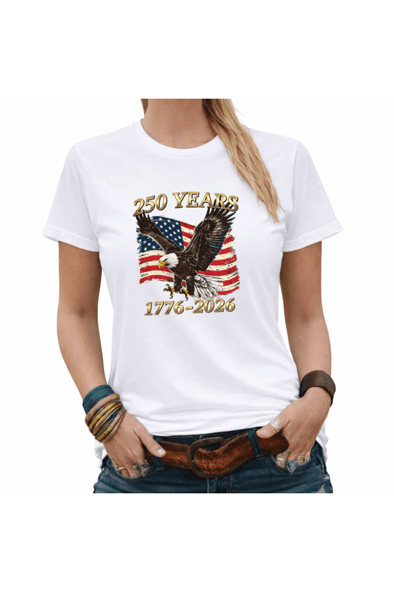 USA 250 Years 1776-2026 Bald Eagle American Flag Graphic Tees Women's 4th of July Patriotic Tshirt Tops Black/White S-5XL