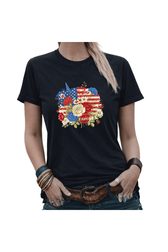 USA 250 Years American Flag Floral Graphic Tees Women's 4th of July Patriotic Flower Tshirt Tops Black/White S-5XL