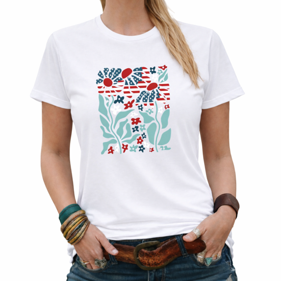 USA 250 Years American Flag Flower Graphic Tees Women's 4th of July Patriotic Floral Tshirt Tops Black/White S-5XL