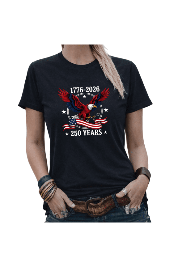 USA 250 Years Bald Eagle American Flag Graphic Tees Women's 4th of July Patriotic Tshirt Tops Black/White S-5XL