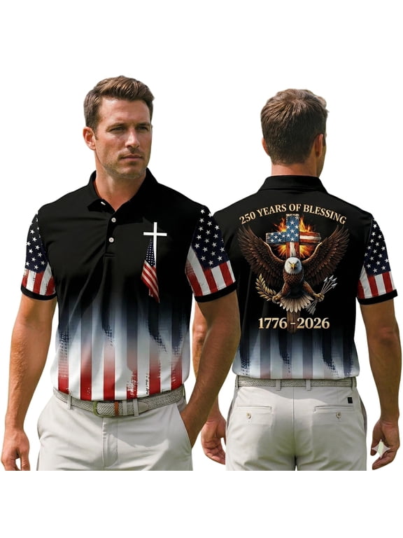 USA 250 Years Blessing Polo Shirt Christian Patriotic Cross Shirt 1776–2026 American Flag Eagle Faith Golf Polo for Men and Women Casual Style Gift S-5XL