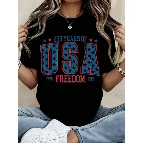 USA 250 Years Freedom Patriotic Graphic T-Shirt 1776-2026 Commemorative Unisex Short Sleeve Tee