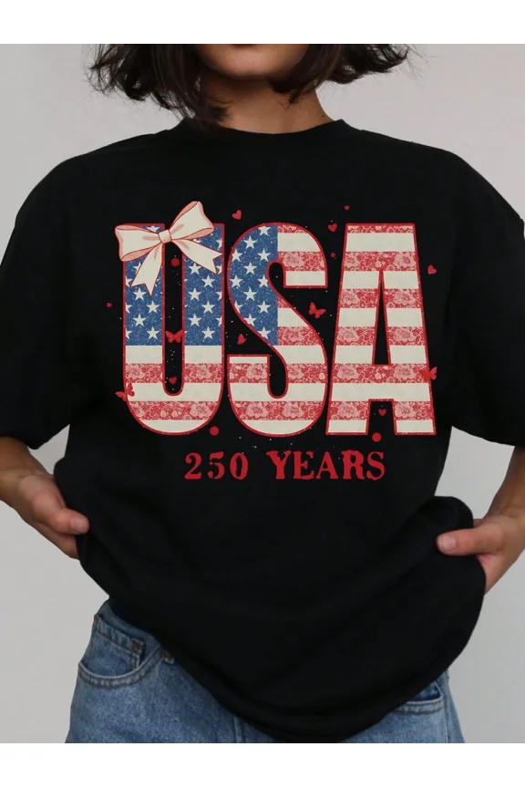 USA 250 Years Patriotic T-Shirt American Flag Stars and Stripes Floral Bow Graphic Tee