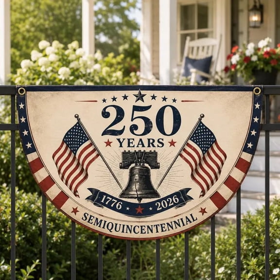 USA 250 Years Semicircle Fence Flag, Liberty Bell Patriotic Banner