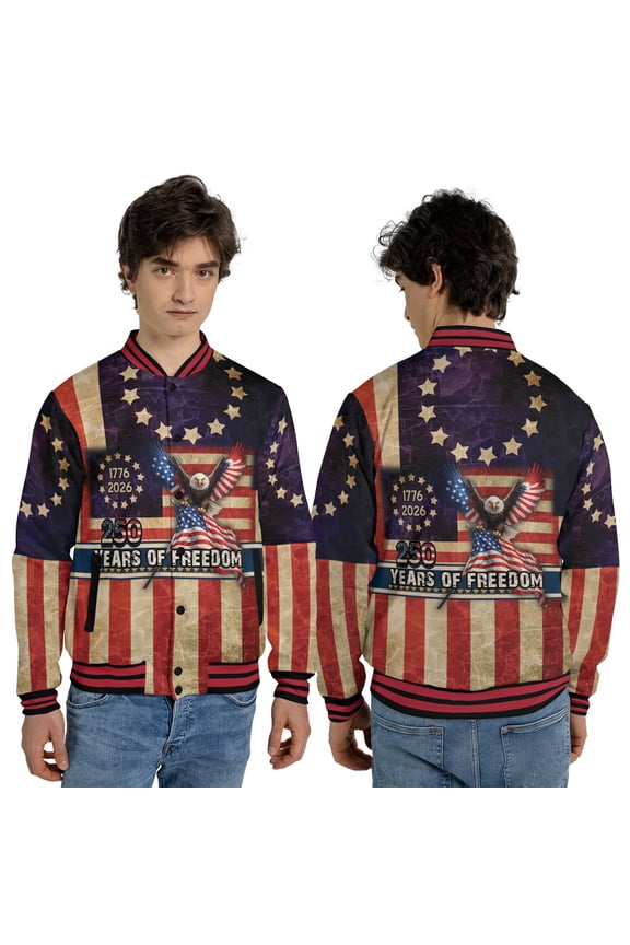 USA 250 Years of Freedom Bomber Jacket, American Flag Eagle Baseball Jacket, Patriotic 1776–2026 Independence Day Jacket