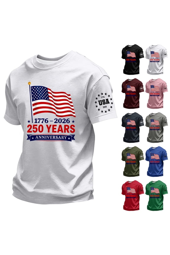 USA 250 Years of Freedom Commemorative T-Shirt with Liberty Statue and Stars and Stripes Graphic and Short Sleeves Blue L