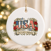 USA 250 Years of Freedom Floral Rose Vintage Christmas Ornament, American Heritage Keepsake, Ceramic Ornament