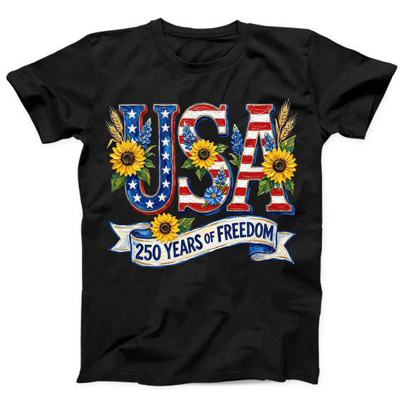 USA 250 Years of Freedom T Shirt, Patriotic Sunflower American Flag Graphic Tee for Women, 250th Anniversary Independence Day Floral USA Shirt