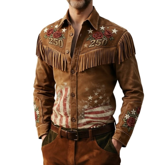 USA 250Th Anniversary Shirt Men's Long Sleeve Button Down Shirt Stars and Stripes Print Turn Down Collar Fringe Detail Casual Retro Western Style Relaxed Fit Khaki L