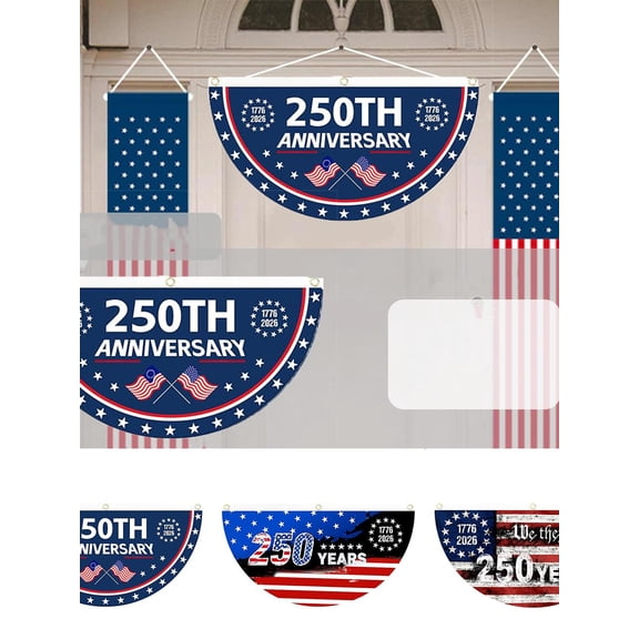 USA 250th Anniversary (1776-2026) Fan-Shaped Commemorative Flag - Patriotic "America 250 Years of Freedom" Bunting for Porch, Party & Home Decor-B