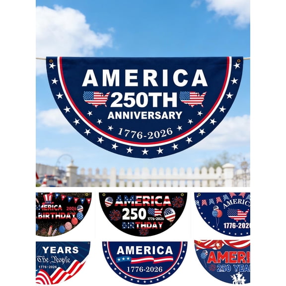 USA 250th Anniversary (1776-2026) Fan-Shaped Commemorative Flag - Patriotic "America 250 Years of Freedom" Bunting for Porch, Party & Home Decor G