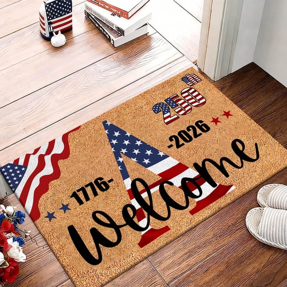 USA 250th Anniversary Alphabet Doormat, Polyester Indoor Outdoor Rug with 26 Letters for Personalized Last Name, Patriotic Independence Day Decor for Home Entryway