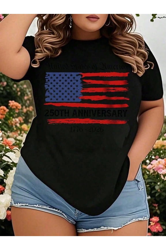 USA 250th Anniversary American Flag T-Shirt Retro Patriotic 1776-2026 Semiquincentennial Women's Plus Size Short Sleeve Graphic Tee Vintage Distressed Style Top