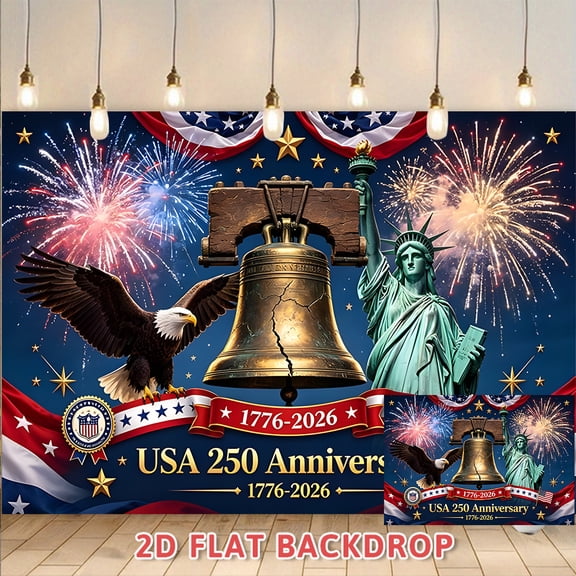 USA 250th Anniversary Backdrop 1776-2026, Patriotic Decor with Liberty Bell Statue of Liberty Bald Eagle Fireworks, Suitable for Independence Day Party, National Day Celebration