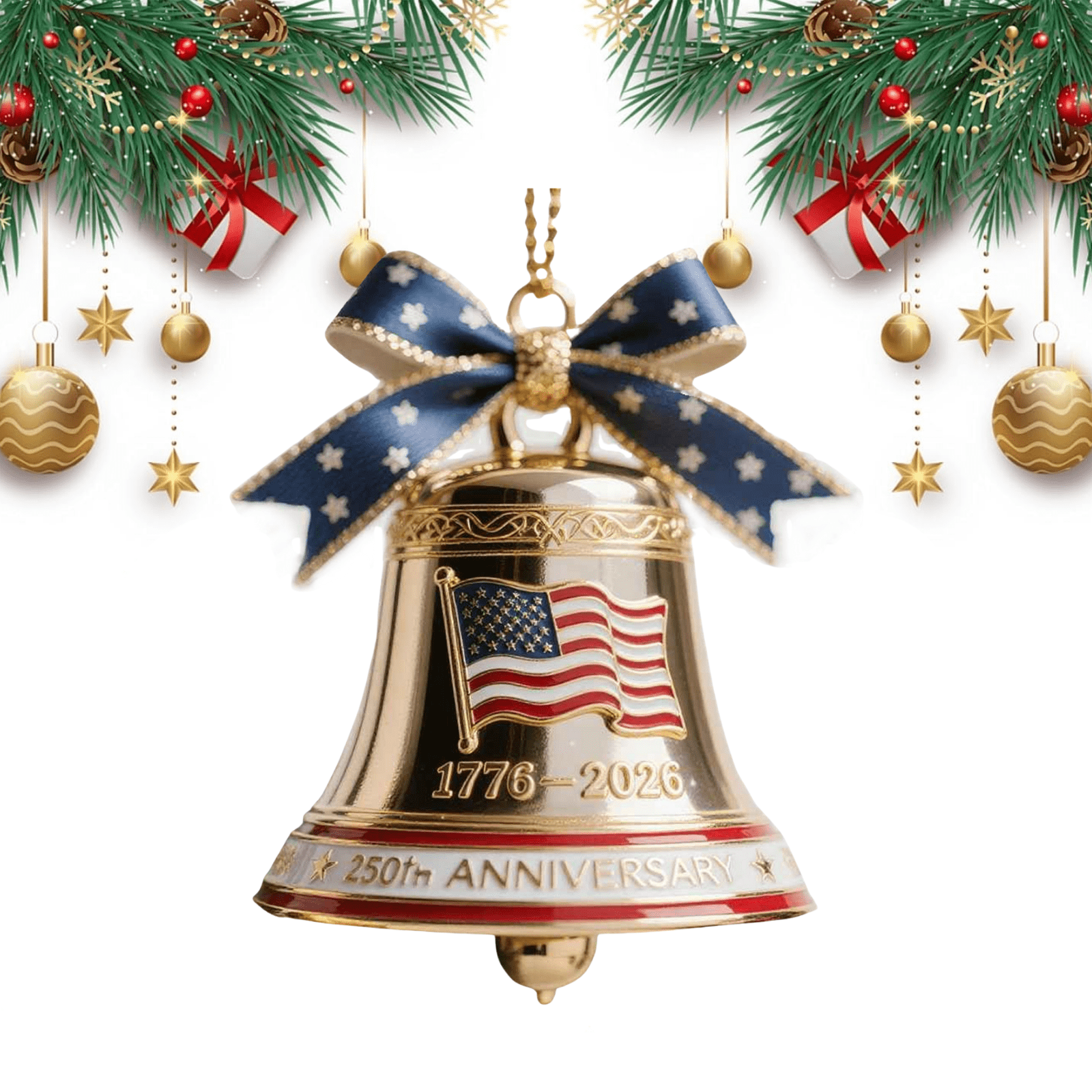 USA 250th Anniversary Bell Ornament, 3D Handmade Metal Christmas Bell Ornament for Tree or Garden, Enamel Crafted Detailing, Red & Gold Commemorative Hanging Decor for Collectors and Patriotic (1PCS)