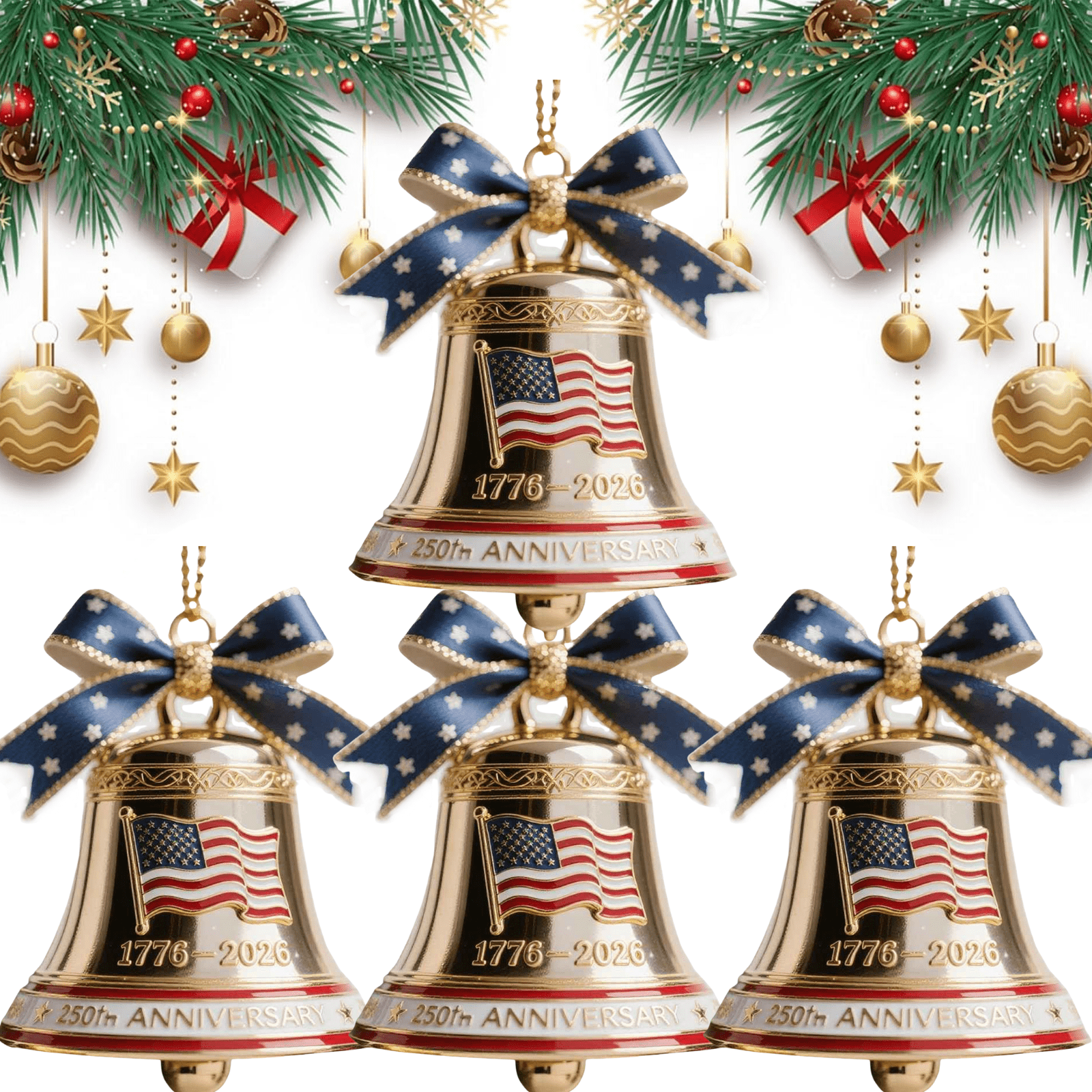USA 250th Anniversary Bell Ornament, 3D Handmade Metal Christmas Bell Ornament for Tree or Garden, Enamel Crafted Detailing, Red & Gold Commemorative Hanging Decor for Collectors and Patriotic (4PCS)