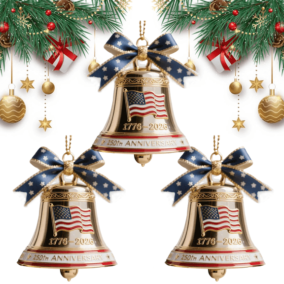 USA 250th Anniversary Bell Ornament, 3D Handmade Metal Christmas Bell Ornament for Tree or Garden, Enamel Crafted Detailing, Red & Gold Commemorative Hanging Decor for Collectors and Patriotic (3PCS)