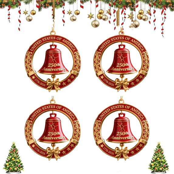 USA 250th Anniversary Bell Ornament 3D Red & Gold Commemorative Hanging Decor Elegant Doorbell for Patriotic Decor Tree Enamel Crafted Detailing 250th Anniversary USA Patriotic Ornaments (B-4pcs)