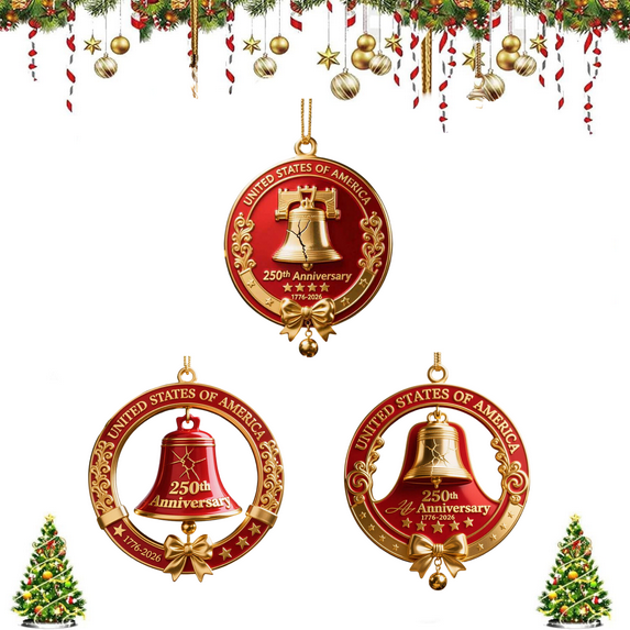USA 250th Anniversary Bell Ornament 3D Red & Gold Commemorative Hanging Decor Elegant Doorbell for Patriotic Decor Tree Enamel Crafted Detailing 250th Anniversary USA Patriotic Ornaments (A&B&C-3pcs)