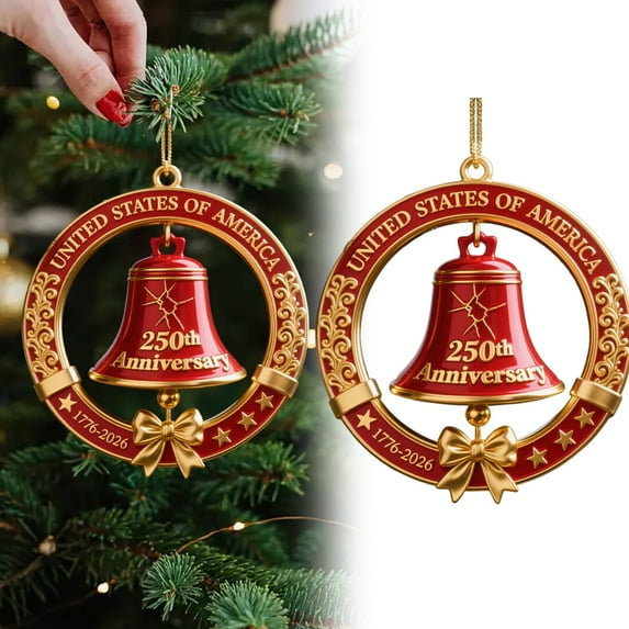 USA 250th Anniversary Bell Ornament - 3D Red & Gold Commemorative Hanging Decor, Elegant Doorbell for Patriotic Holidays, Christmas Tree, Collectors Gift, Enamel Crafted Detailing