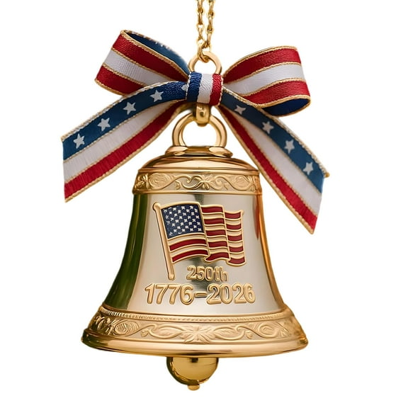 USA 250th Anniversary Bell Ornament - 3D Red Gold Commemorative Hanging Decor, Elegant Enamel Crafted Patriotic Christmas Tree Decoration & Collectible Gift