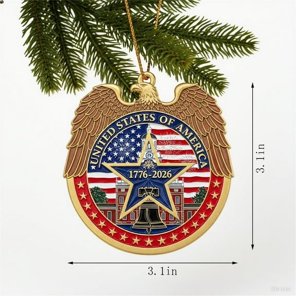 USA 250th Anniversary Bell Ornament - Red & Gold 2D Acrylic Commemorative Hanging Decor with Enamel Detailing, for Christmas Tree, Patriotic Holidays, and Collectors Gift (#B)