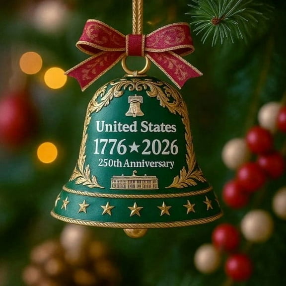 USA 250th Anniversary Bell Ornaments 2025 Christmas Tree Hanging Decorations, 2D Metal Gold Jingle Bells Hanging Doorbell Xmas Ringbell Vintage Doorbell for Patriotic Holidays Party(Green)