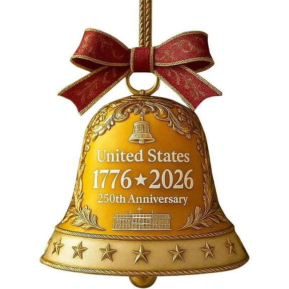 USA 250th Anniversary Bell Ornaments 2025 - Metal Gold Jingle Bells Christmas Tree Hanging Decorations, Vintage Patriotic Doorbell Decor for Home Garden Party (2D Style)
