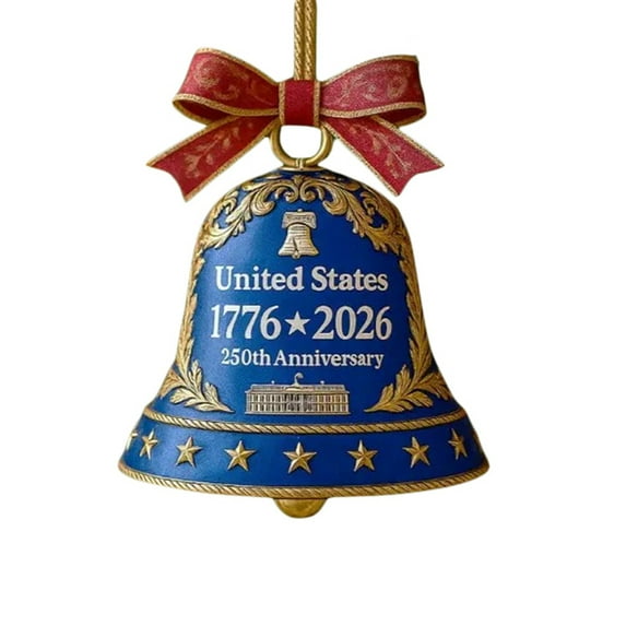 USA 250th Anniversary Bell Ornaments 2025 - Metal Gold Jingle Bells Christmas Tree Hanging Decorations, Vintage Patriotic Doorbell Decor for Home Garden Party (2D Style)