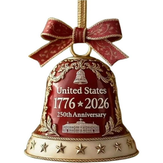 USA 250th Anniversary Bell Ornaments 2025 - Metal Gold Jingle Bells Christmas Tree Hanging Decorations, Vintage Patriotic Doorbell Decor for Home Garden Party (2D Style)