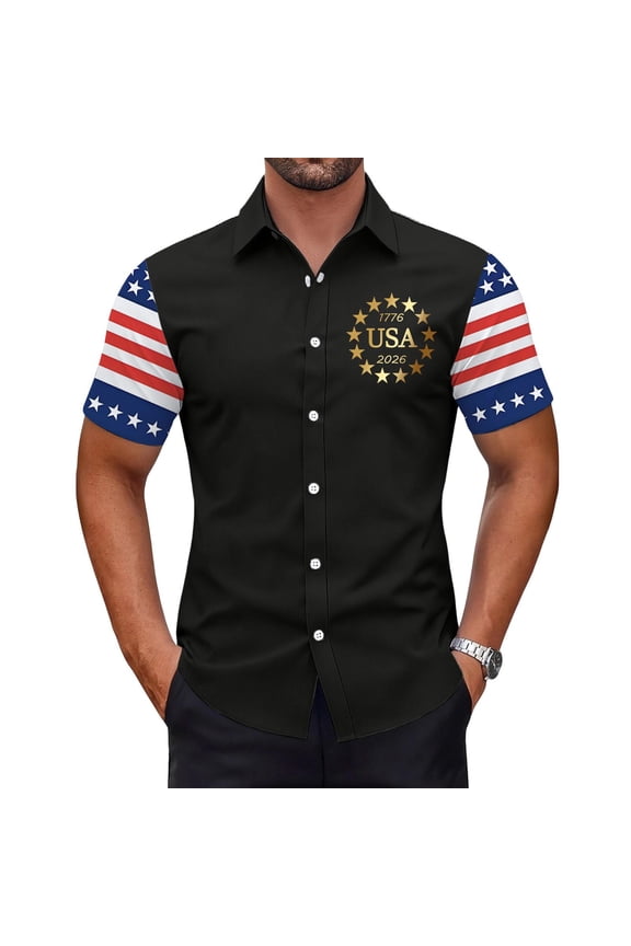 USA 250th Anniversary Button Down Shirt for Men Patriotic 1776-2026 American Flag Sleeve