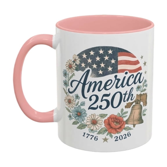 USA 250th Anniversary Commemorative Coffee Mug, Patriotic Liberty Bell & American Flag Flower Ceramic Cup, 16oz Semiquincentennial 1776-2026 Keepsake, Blue/Pink