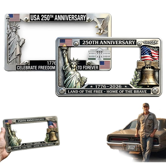 USA 250th Anniversary Commemorative License Plate Frame, Patriotic 1776-2026 USA Flag Metal Frame with Statue of Liberty & Bell, 4th of July Vehicles Decor, America Standard Size, 1PC A