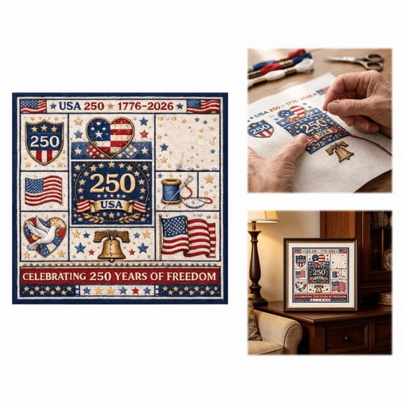 USA 250th Anniversary Cross Stitch Kit, 1776-2026 Craft Gift for Women Mom Grandma, Patriotic Embroidery Project for Seniors Retirees