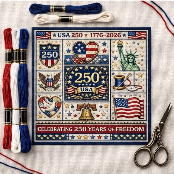 USA 250th Anniversary Cross Stitch Kit, 1776-2026 Patriotic Stamped Embroidery Kit for Beginners, DIY Needlepoint Set with Flag Liberty Bell Patterns, Threads Needle Wall Decor Craft Gift