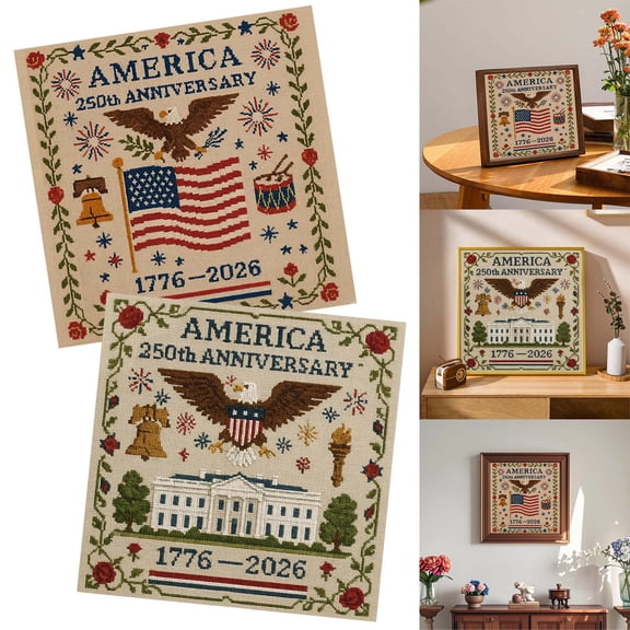 2Pcs USA 250th Anniversary Cross Stitch Kit Imitation Linen DIY Needlepoint Set, Patriotic Embroidery Pattern for Beginners, 4th of July & Bicentennial Home Wall Decor