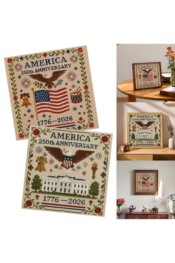 2Pcs USA 250th Anniversary Cross Stitch Kit Imitation Linen DIY Needlepoint Set, Patriotic Embroidery Pattern for Beginners, 4th of July & Bicentennial Home Wall Decor