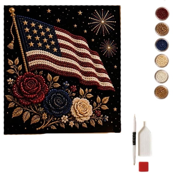 USA 250th Anniversary DIY Pearl Art Kit - Retro American Flag with Red White & Blue Roses - 3D Diamond Bead Craft for 4th of July Table Centerpiece & Home Decoration