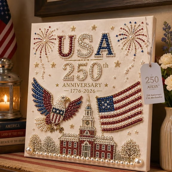 USA 250th Anniversary DIY Pearl Painting Kit, 4th of July Patriotic Bead Art White and Blue Diamond Dots Painting with Frame Home Decor Craft Gift with Flag and Eagle