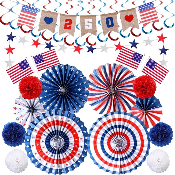 USA 250th Anniversary Decorations Set, 4th Of July Patriotic Banner Flag With Red White Blue Paper Fans And Pompoms, Labor Memorial Veterans Day Party Supplies