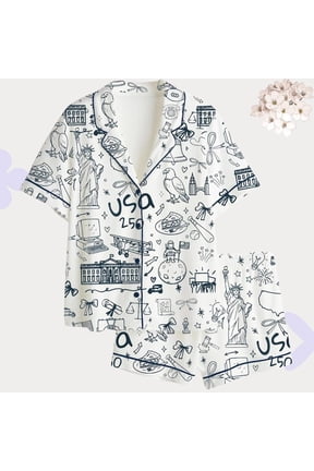 USA 250th Anniversary Doodle Satin Pajama Set for Women, Retro Americana Patriotic Sleepwear, Cute Lounge PJs