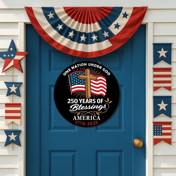 YIBAGA USA Anniversary 250th Door Wreath Hanging Door Sign, 250 Years of Blessings America 1776 2026 Patriotic Home Decor