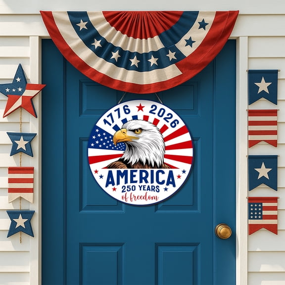 YIBAGA USA 250th Anniversary Door Wreath Hanging Door Sign, 250 Years of Freedom America Eagle 1776 2026 Patriotic Home Decor