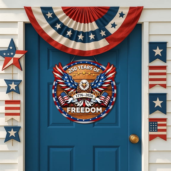 YIBAGA USA Anniversary 250th Door Wreath Hanging Door Sign, 250 Years of Freedom American Flag Eagle 1776 2026 Patriotic Home Decor